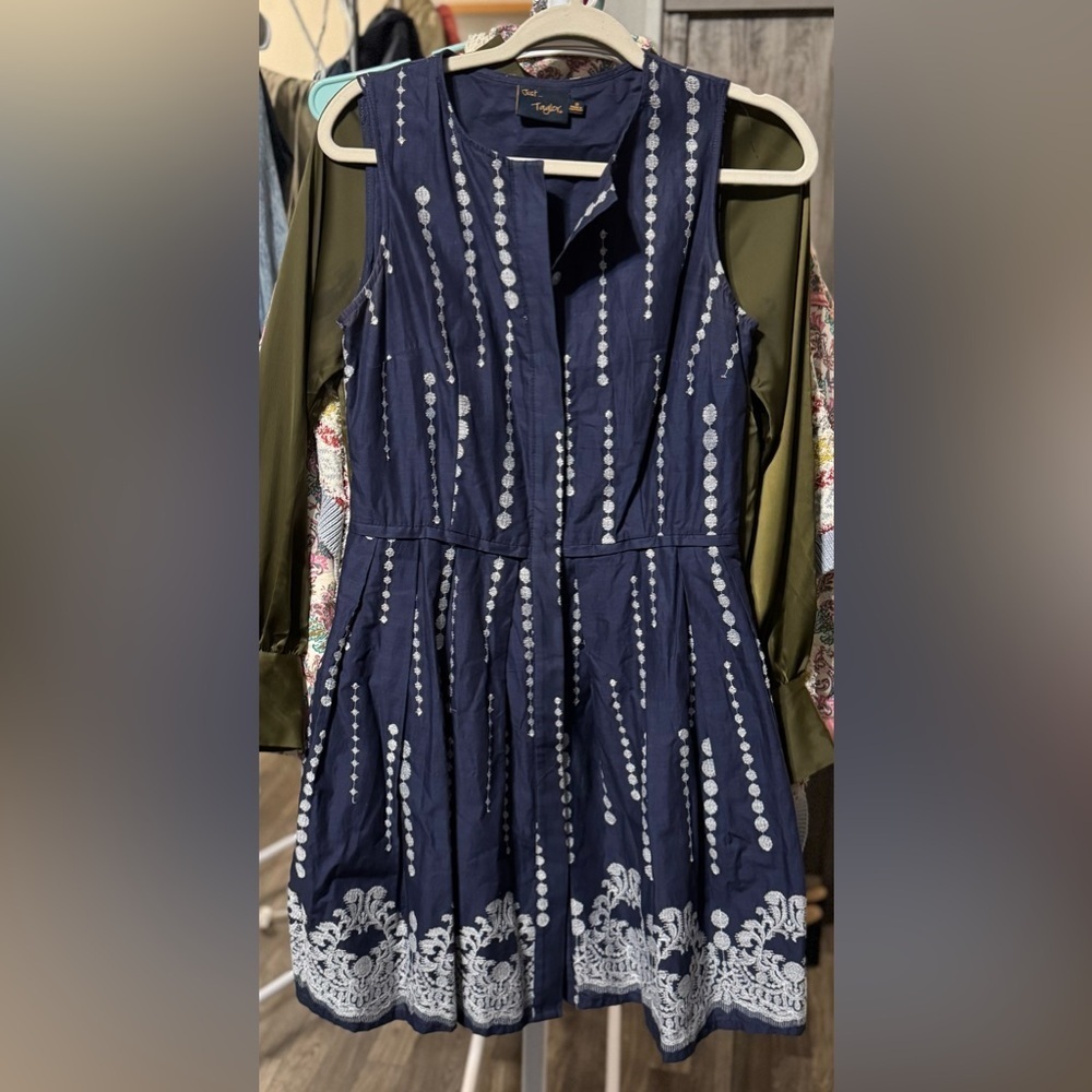Just Taylor Navy Blue Sleeveless Dress with White Embroidery